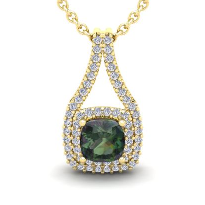 2-1/4 Carat Cushion Shape Mystic Topaz Necklace With Double Diamond Halo In 14 Karat Yellow Gold, 18 Inches