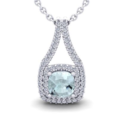Aquamarine Necklace: Aquamarine Jewelry: 2 1/4 Carat Cushion Cut Aquamarine and Double Halo Diamond Necklace In 14 Karat White Gold, 18 Inches