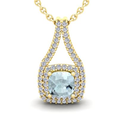 Aquamarine Necklace: Aquamarine Jewelry: 2 1/4 Carat Cushion Cut Aquamarine and Double Halo Diamond Necklace In 14 Karat Yellow Gold, 18 Inches
