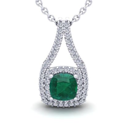 2 Carat Cushion Shape Emerald Necklaces With Double Halo Diamonds In 14 Karat White Gold, 18 Inch Chain