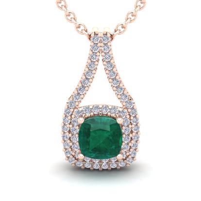 2 Carat Cushion Shape Emerald Necklaces With Double Halo Diamonds In 14 Karat Rose Gold, 18 Inch Chain