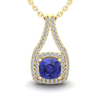 2 Carat Cushion Cut Tanzanite and Double Halo Diamond Necklace In 14 Karat Yellow Gold, 18 Inches
