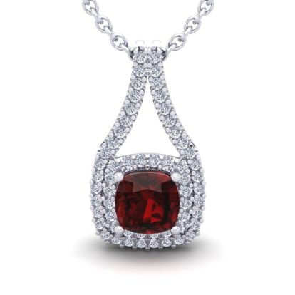 Garnet Necklace: Garnet Jewelry: 2 Carat Cushion Cut Garnet and Double Halo Diamond Necklace In 14 Karat White Gold, 18 Inches
