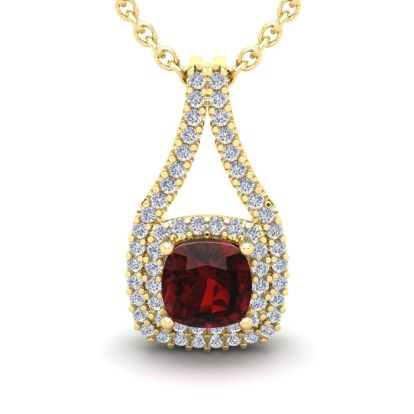Garnet Necklace: Garnet Jewelry: 2 Carat Cushion Cut Garnet and Double Halo Diamond Necklace In 14 Karat Yellow Gold, 18 Inches
