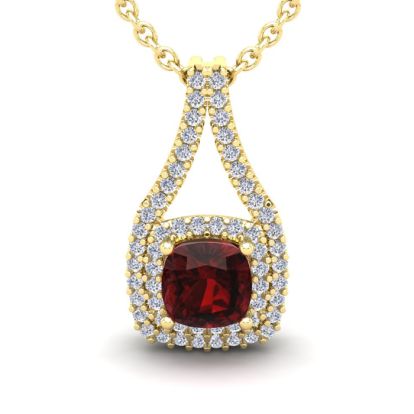 Garnet Necklace: Garnet Jewelry: 2 Carat Cushion Cut Garnet and Double Halo Diamond Necklace In 14 Karat Yellow Gold, 18 Inches