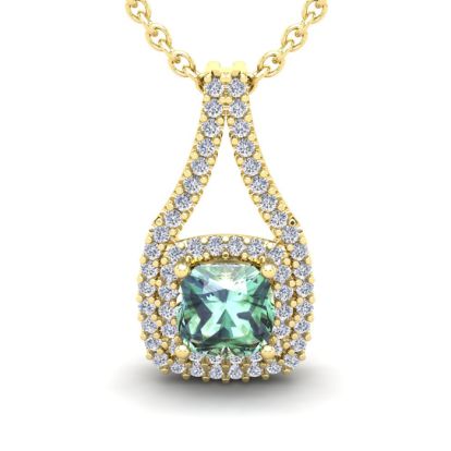 2 Carat Cushion Cut Green Amethyst and Double Halo Diamond Necklace In 14 Karat Yellow Gold, 18 Inches