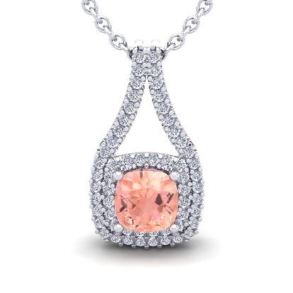 2-1/4 Carat Cushion Shape Morganite Necklace and Double Diamond Halo In 14 Karat White Gold With 18 Inch Chain