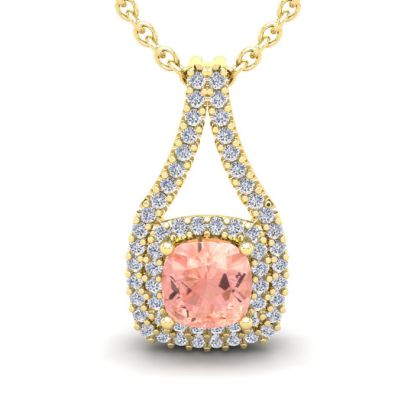 2-1/4 Carat Cushion Shape Morganite Necklace and Double Diamond Halo In 14 Karat Yellow Gold With 18 Inch Chain