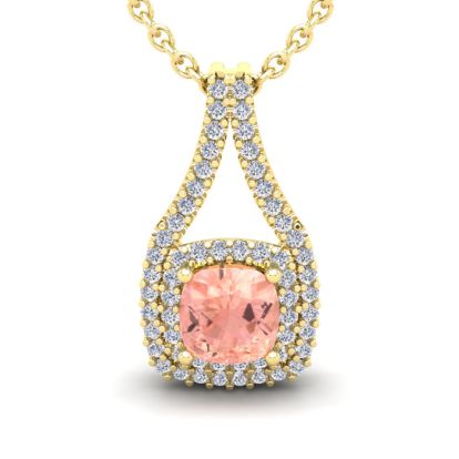 2-1/4 Carat Cushion Shape Morganite Necklace and Double Diamond Halo In 14 Karat Yellow Gold With 18 Inch Chain
