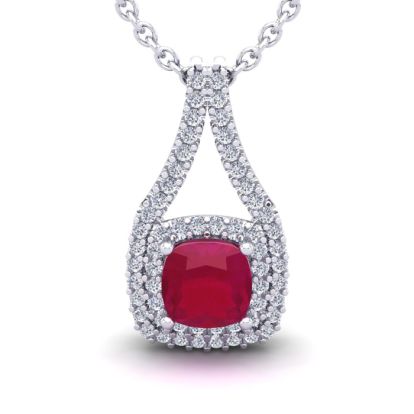 2 1/3 Carat Cushion Cut Ruby and Double Halo Diamond Necklace In 14 Karat White Gold, 18 Inches