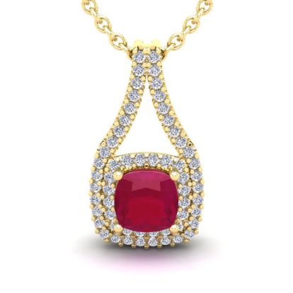 2 1/3 Carat Cushion Cut Ruby and Double Halo Diamond Necklace In 14 Karat Yellow Gold, 18 Inches