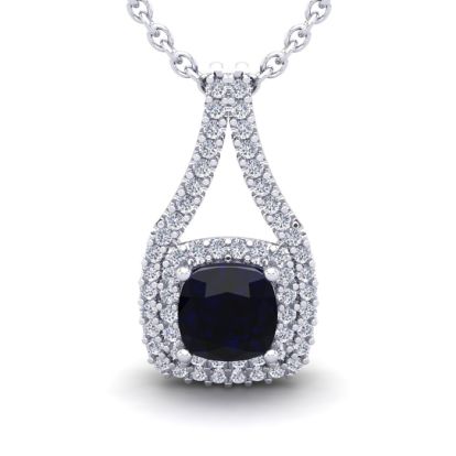 2 1/3 Carat Cushion Cut Sapphire and Double Halo Diamond Necklace In 14 Karat White Gold, 18 Inches