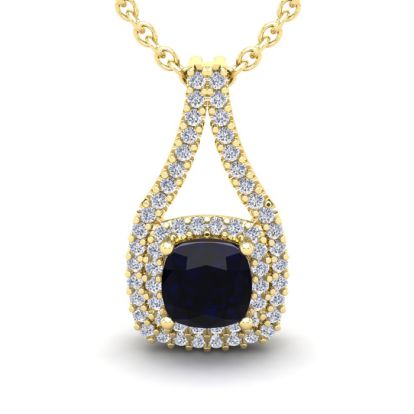 2 1/3 Carat Cushion Cut Sapphire and Double Halo Diamond Necklace In 14 Karat Yellow Gold, 18 Inches