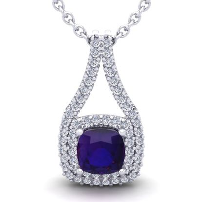 2 3/4 Carat Cushion Cut Amethyst and Double Halo Diamond Necklace In 14 Karat White Gold, 18 Inches