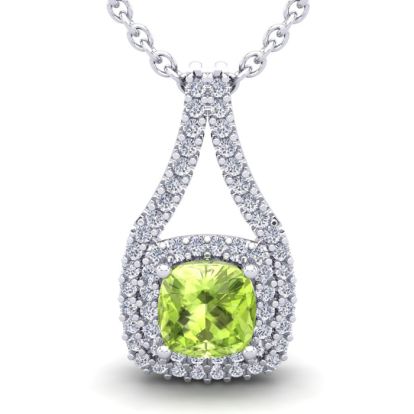 3 1/3 Carat Cushion Cut Peridot and Double Halo Diamond Necklace In 14 Karat White Gold, 18 Inches