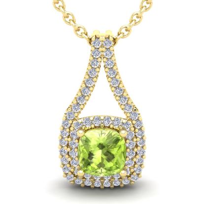 3 1/3 Carat Cushion Cut Peridot and Double Halo Diamond Necklace In 14 Karat Yellow Gold, 18 Inches