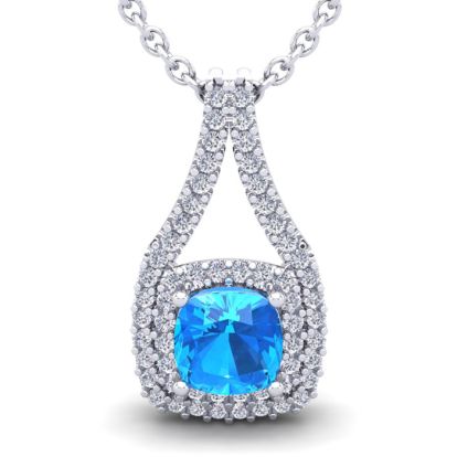 3 1/2 Carat Cushion Cut Blue Topaz and Double Halo Diamond Necklace In 14 Karat White Gold, 18 Inches