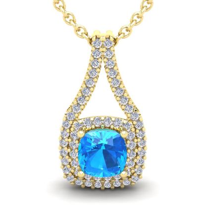 3 1/2 Carat Cushion Cut Blue Topaz and Double Halo Diamond Necklace In 14 Karat Yellow Gold, 18 Inches
