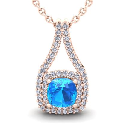 3 1/2 Carat Cushion Cut Blue Topaz and Double Halo Diamond Necklace In 14 Karat Rose Gold, 18 Inches