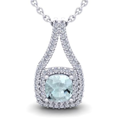 Aquamarine Necklace: Aquamarine Jewelry: 2 3/4 Carat Cushion Cut Aquamarine and Double Halo Diamond Necklace In 14 Karat White Gold, 18 Inches