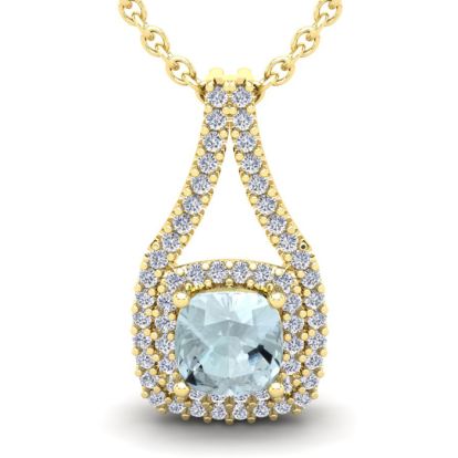 Aquamarine Necklace: Aquamarine Jewelry: 2 3/4 Carat Cushion Cut Aquamarine and Double Halo Diamond Necklace In 14 Karat Yellow Gold, 18 Inches