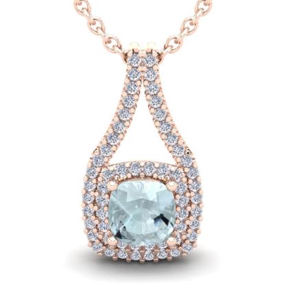 Aquamarine Necklace: Aquamarine Jewelry: 2 3/4 Carat Cushion Cut Aquamarine and Double Halo Diamond Necklace In 14 Karat Rose Gold, 18 Inches