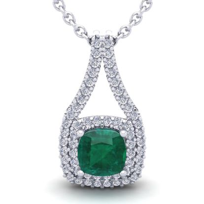 2-3/4 Carat Cushion Shape Emerald Necklaces With Double Halo Diamonds In 14 Karat White Gold, 18 Inch Chain
