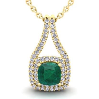 2-3/4 Carat Cushion Shape Emerald Necklaces With Double Halo Diamonds In 14 Karat Yellow Gold, 18 Inch Chain