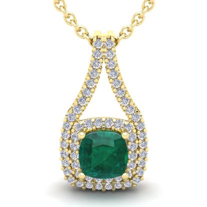 2-3/4 Carat Cushion Shape Emerald Necklaces With Double Halo Diamonds In 14 Karat Yellow Gold, 18 Inch Chain