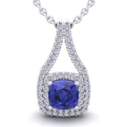 3 1/3 Carat Cushion Cut Tanzanite and Double Halo Diamond Necklace In 14 Karat White Gold, 18 Inches