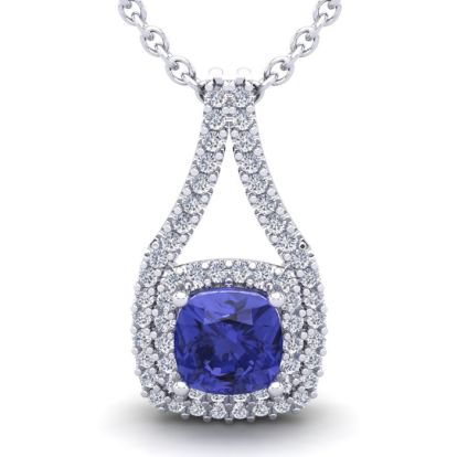 3 1/3 Carat Cushion Cut Tanzanite and Double Halo Diamond Necklace In 14 Karat White Gold, 18 Inches