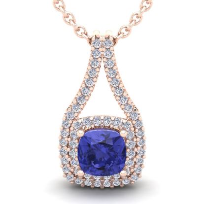 3 1/3 Carat Cushion Cut Tanzanite and Double Halo Diamond Necklace In 14 Karat Rose Gold, 18 Inches