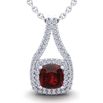 Garnet Necklace: Garnet Jewelry: 4 Carat Cushion Cut Garnet and Double Halo Diamond Necklace In 14 Karat White Gold, 18 Inches