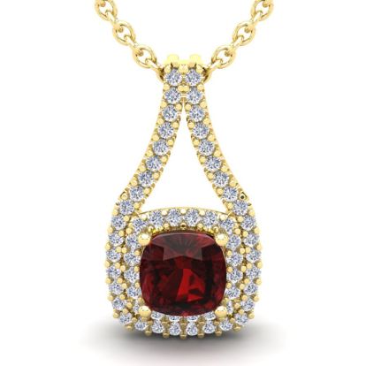 Garnet Necklace: Garnet Jewelry: 4 Carat Cushion Cut Garnet and Double Halo Diamond Necklace In 14 Karat Yellow Gold, 18 Inches