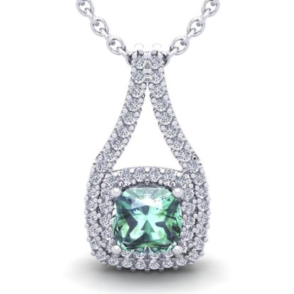 2 3/4 Carat Cushion Cut Green Amethyst and Double Halo Diamond Necklace In 14 Karat White Gold, 18 Inches
