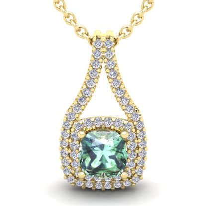 2 3/4 Carat Cushion Cut Green Amethyst and Double Halo Diamond Necklace In 14 Karat Yellow Gold, 18 Inches