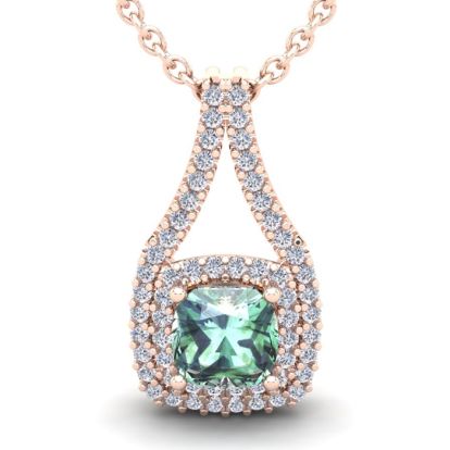 2 3/4 Carat Cushion Cut Green Amethyst and Double Halo Diamond Necklace In 14 Karat Rose Gold, 18 Inches