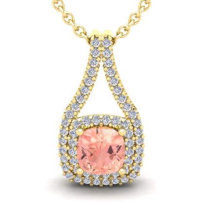 3-3/4 Carat Cushion Shape Morganite Necklace and Double Diamond Halo In 14 Karat Yellow Gold With 18 Inch Chain
