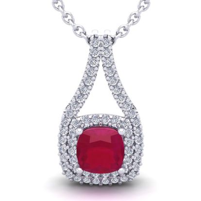 3 3/4 Carat Cushion Cut Ruby and Double Halo Diamond Necklace In 14 Karat White Gold, 18 Inches
