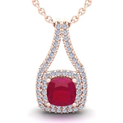 3 3/4 Carat Cushion Cut Ruby and Double Halo Diamond Necklace In 14 Karat Rose Gold, 18 Inches