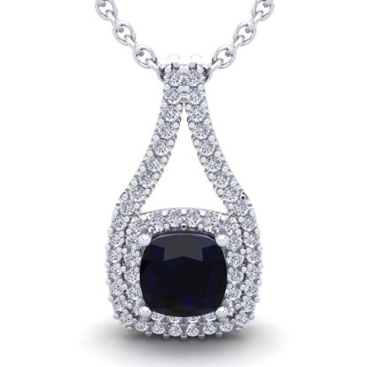 3 3/4 Carat Cushion Cut Sapphire and Double Halo Diamond Necklace In 14 Karat White Gold, 18 Inches