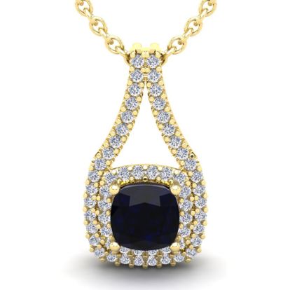 3 3/4 Carat Cushion Cut Sapphire and Double Halo Diamond Necklace In 14 Karat Yellow Gold, 18 Inches