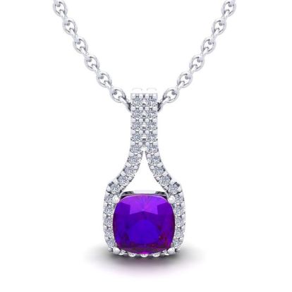 1 Carat Cushion Cut Amethyst and Classic Halo Diamond Necklace In 14 Karat White Gold, 18 Inches