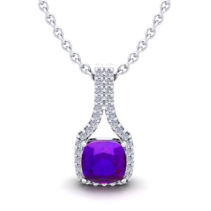 1 Carat Cushion Cut Amethyst and Classic Halo Diamond Necklace In 14 Karat White Gold, 18 Inches