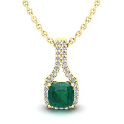 1-1/3 Carat Cushion Shape Emerald Necklaces With Diamond Halo In 14 Karat Yellow Gold, 18 Inch Chain