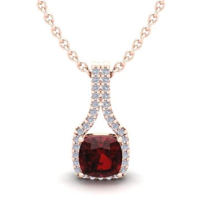 Garnet Necklace: Garnet Jewelry: 1 1/3 Carat Cushion Cut Garnet and Classic Halo Diamond Necklace In 14 Karat Rose Gold, 18 Inches