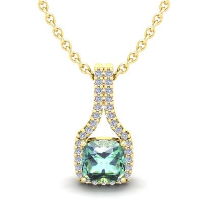 1 Carat Cushion Cut Green Amethyst and Classic Halo Diamond Necklace In 14 Karat Yellow Gold, 18 Inches