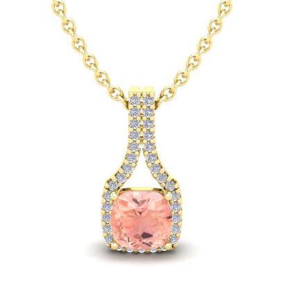 1 Carat Cushion Shape Morganite Necklace with Diamond Halo In 14 Karat Yellow Gold With 18 Inch Chain