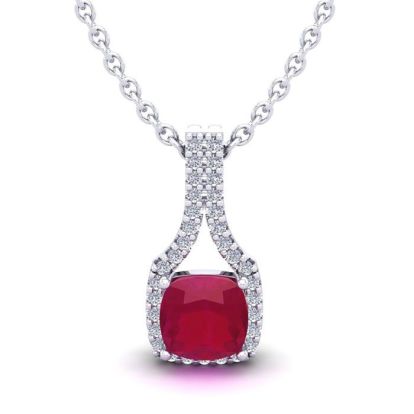 1 1/2 Carat Cushion Cut Ruby and Classic Halo Diamond Necklace In 14 Karat White Gold, 18 Inches