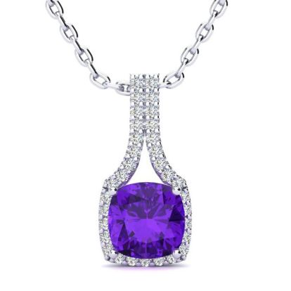 2 Carat Cushion Cut Amethyst and Classic Halo Diamond Necklace In 14 Karat White Gold, 18 Inches